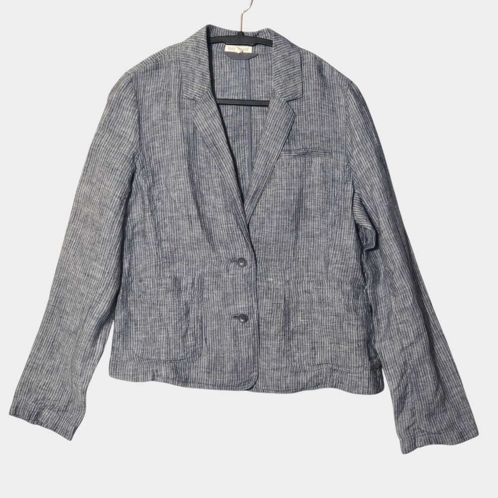 Eileen Fisher 100% Linen Pinstripe Blazer‎ Blue M Lagenlook Quiet Luxury Office